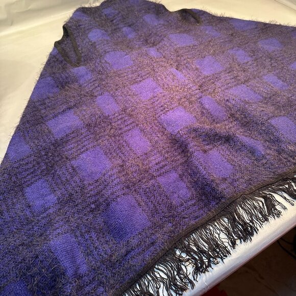 Vertigo Plaid Fuzzy Cardigan Womens Open Front Tweed Wrap Cape Boho Fringe Trim - Picture 6 of 16